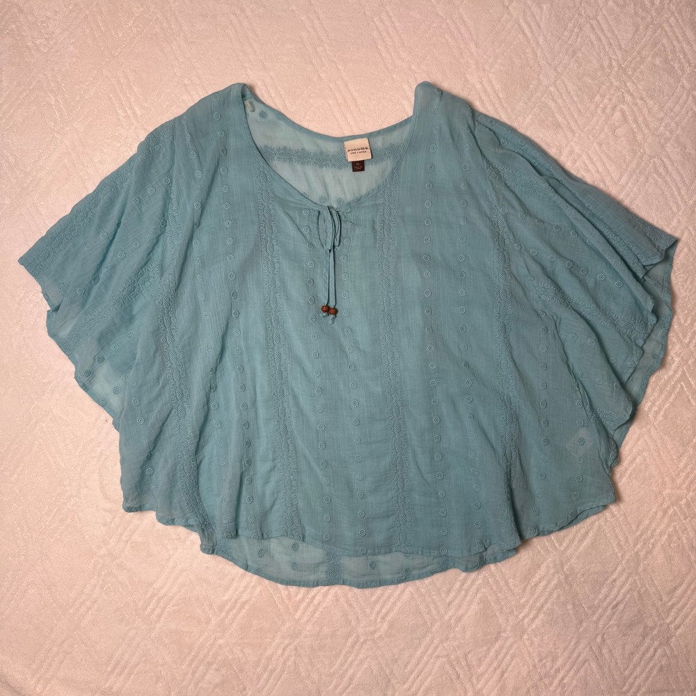 Boho Coastal Sonoma XL Aqua Embroidered Cotton Gauze Flutter Sleeve Blouse